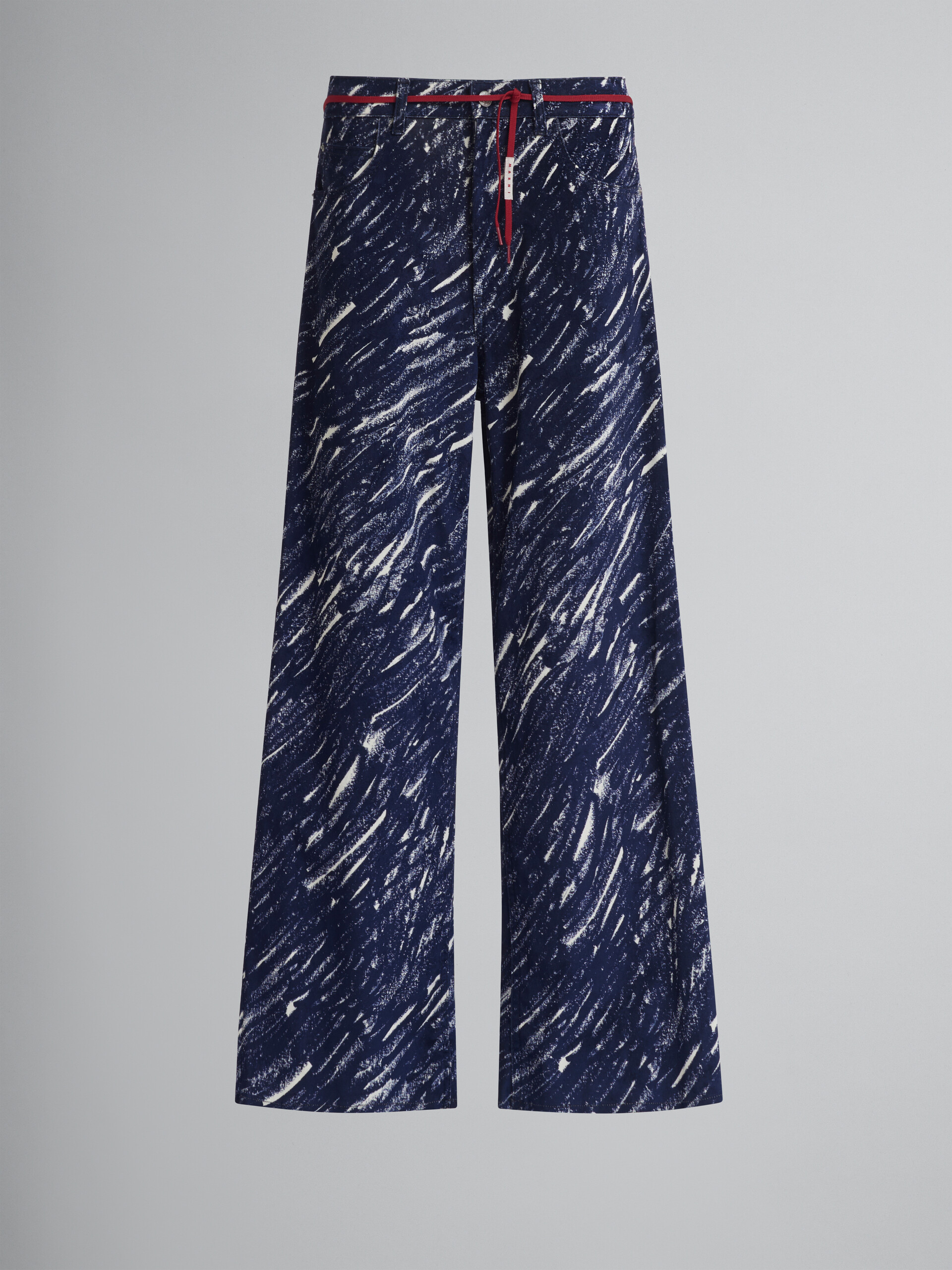 Blaue ausgestellte Jeans aus beflocktem Denim mit Crayon-Print - Hosen - Image 1