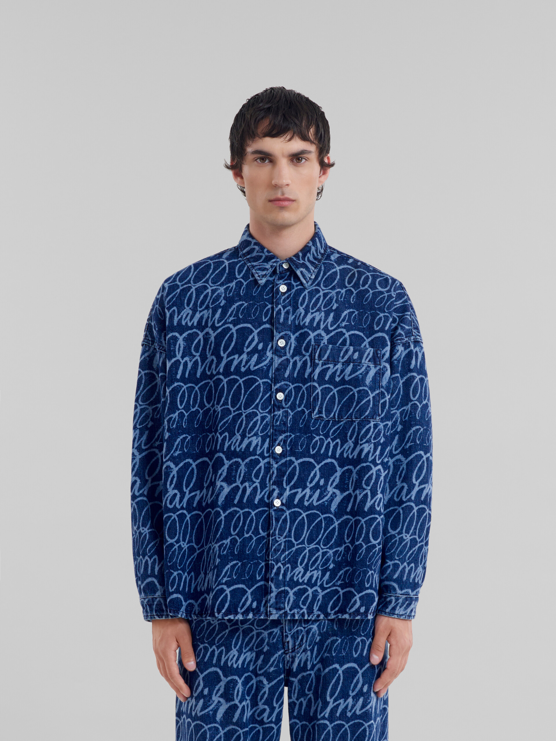 Blue denim shirt with bleached Marni Scribble motif - Shirts - Image 2