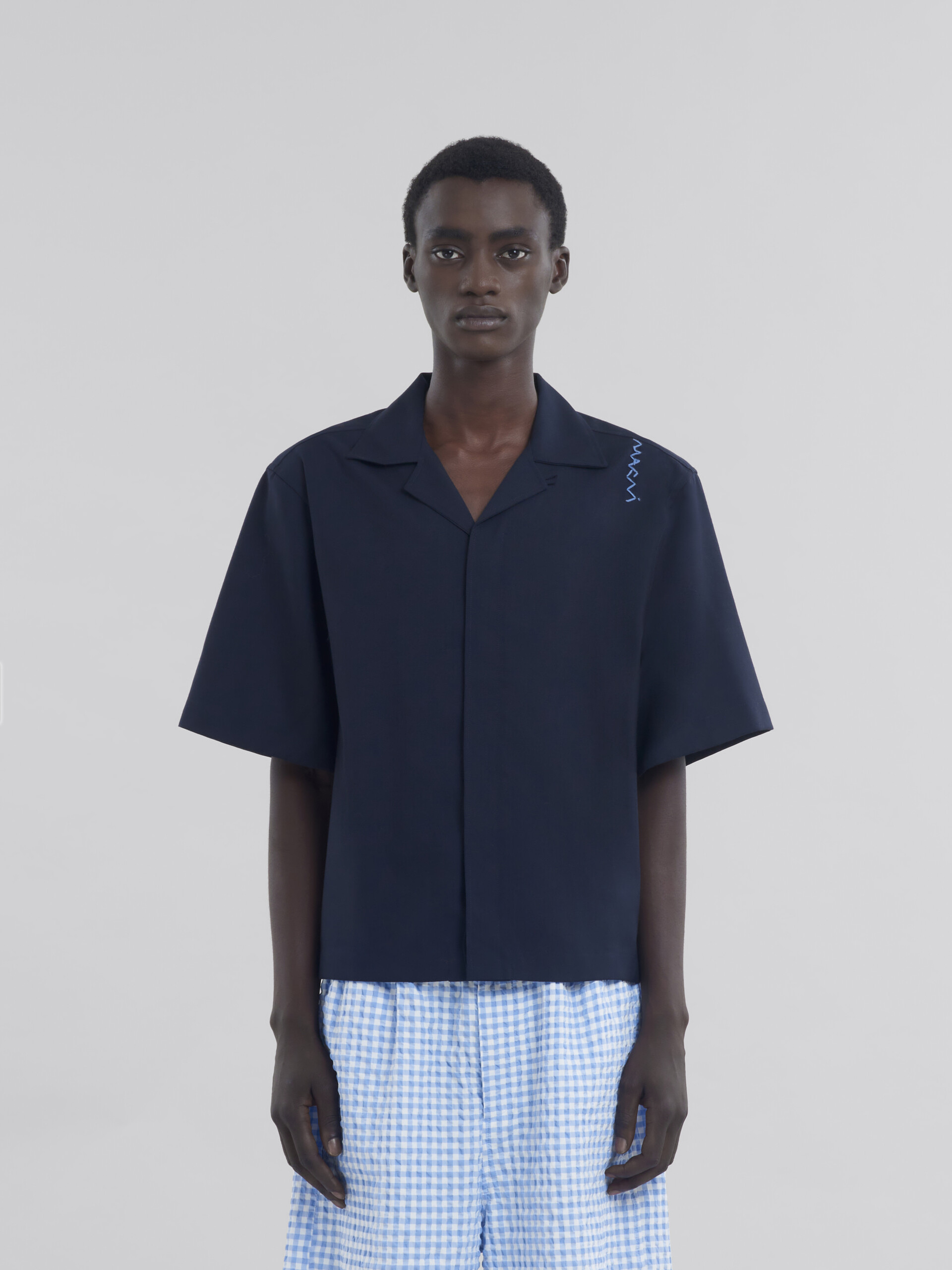 Blue tropical wool bowling shirt with Marni Symbol - Shirts - Image 2