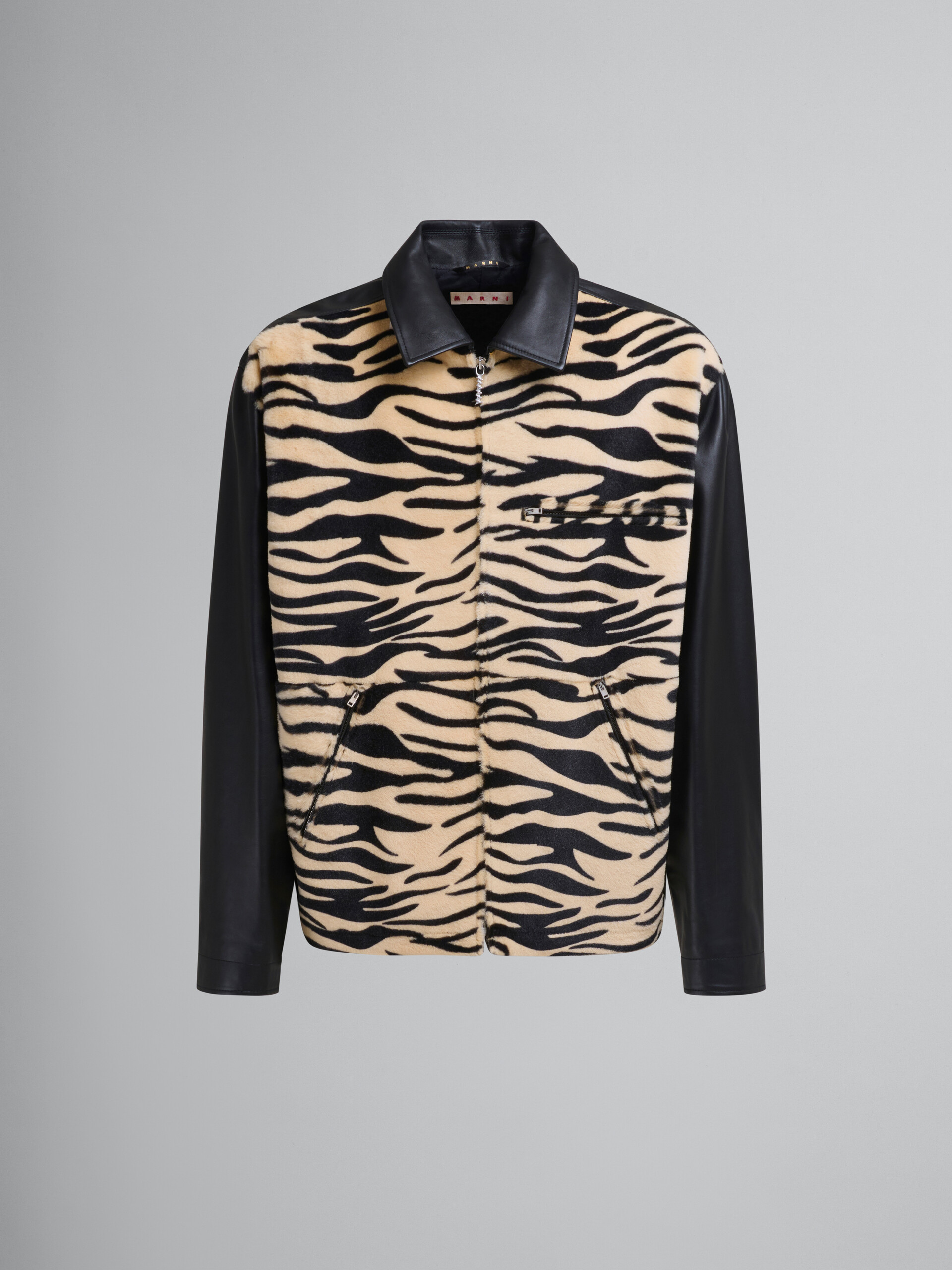 Black leather and tiger print shearling jacket - Jackets - Image 1