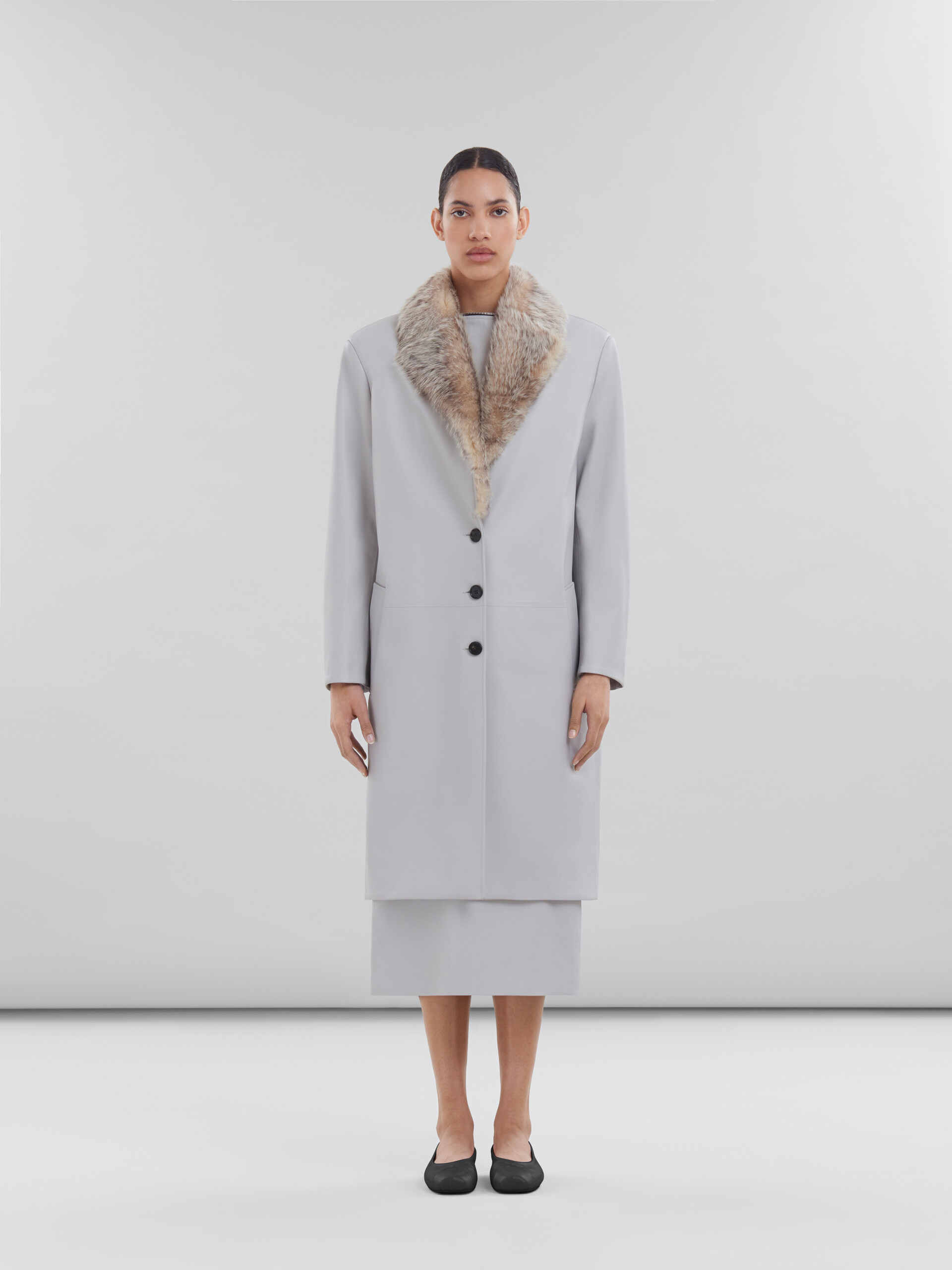 Grey nappa coat with shearling collar - Coats - Image 2