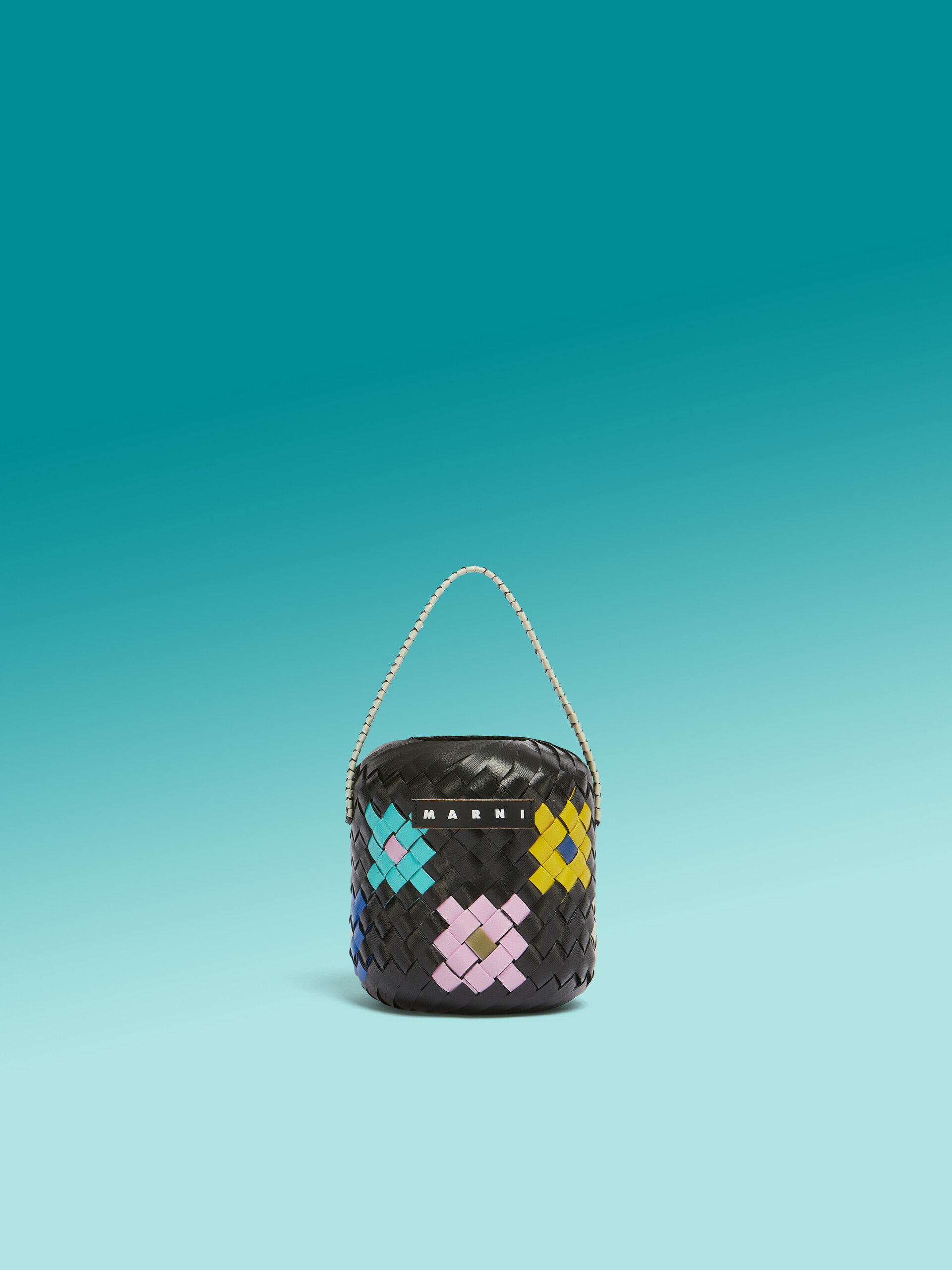 Borsa MARNI MARKET BUCKET Piccola in intrecciato a fiori nero - Borse shopping - Image 1