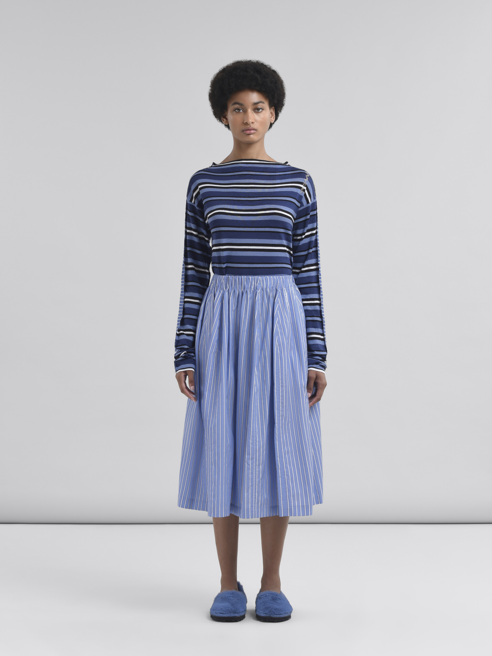 Wide skirt in striped blue poplin - Skirts - Image 2