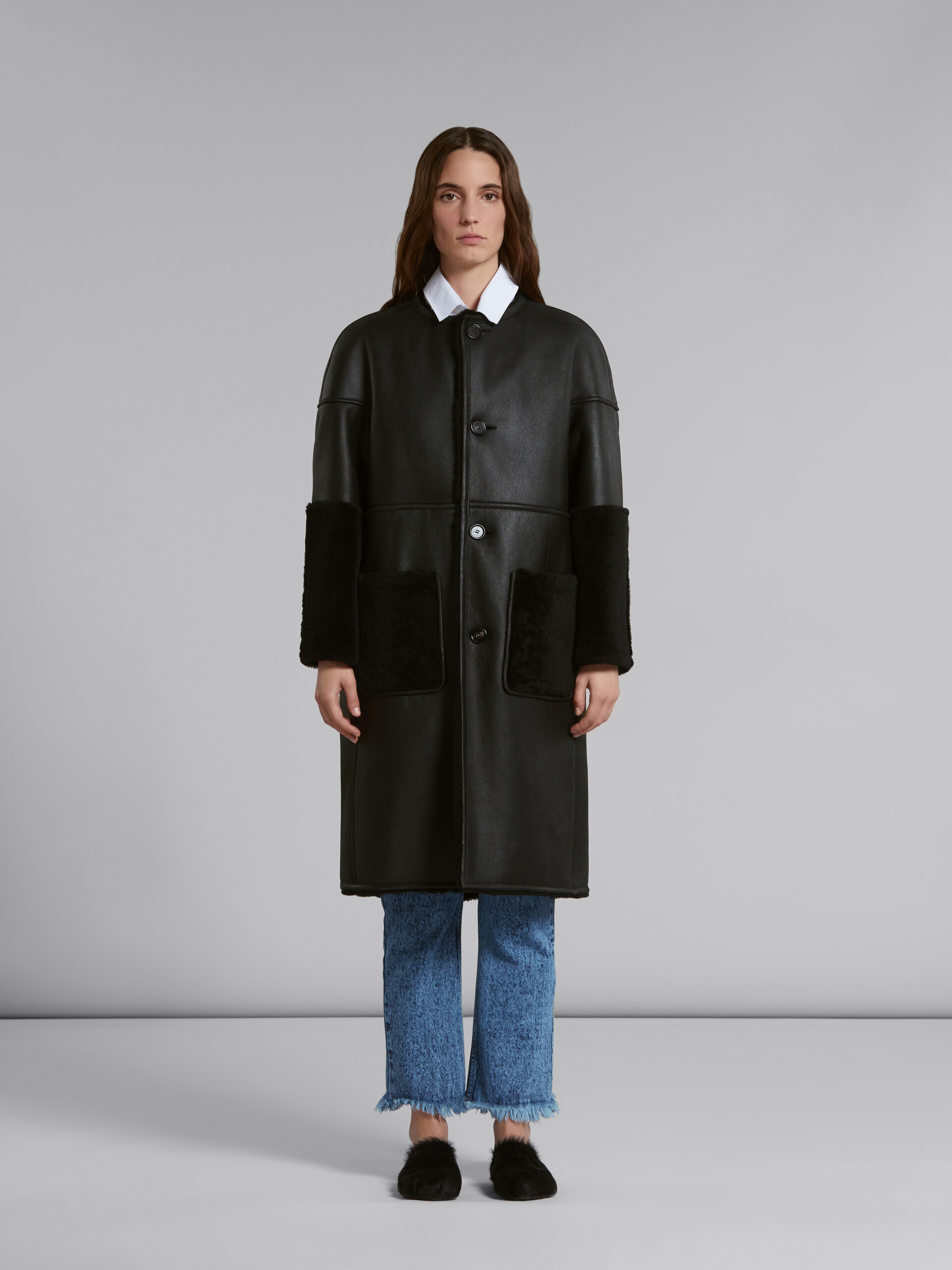 Black reversible shearling coat - Coats - Image 2