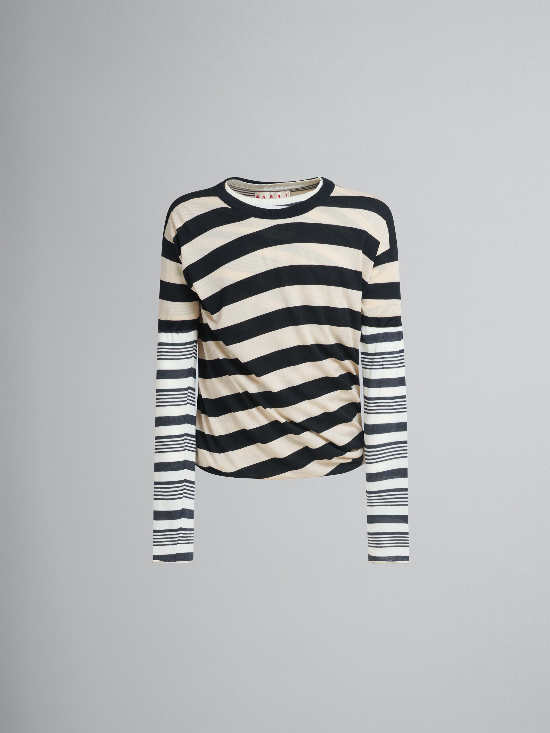 Black and white layered cotton crew-neck with contrast stripes - Pullovers - Image 1