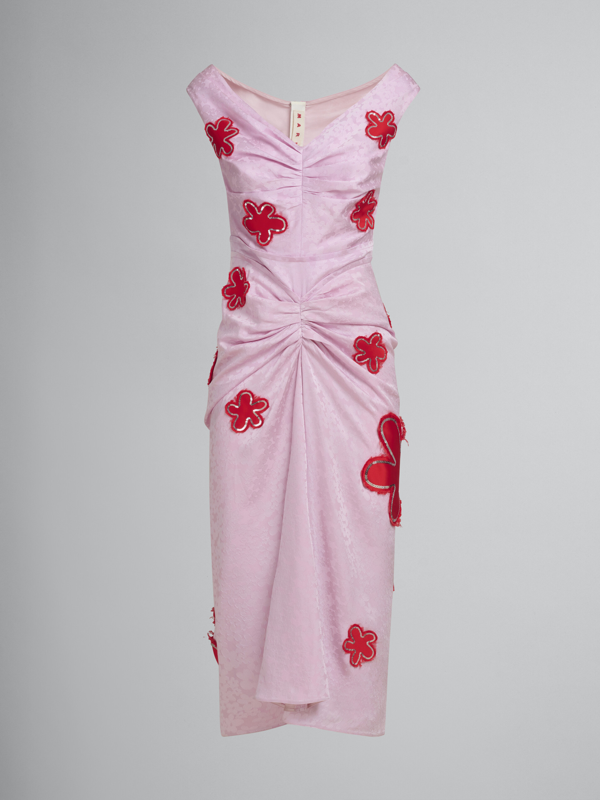 Pink silk jaquard dress with flower patches and sequins - Dresses - Image 1