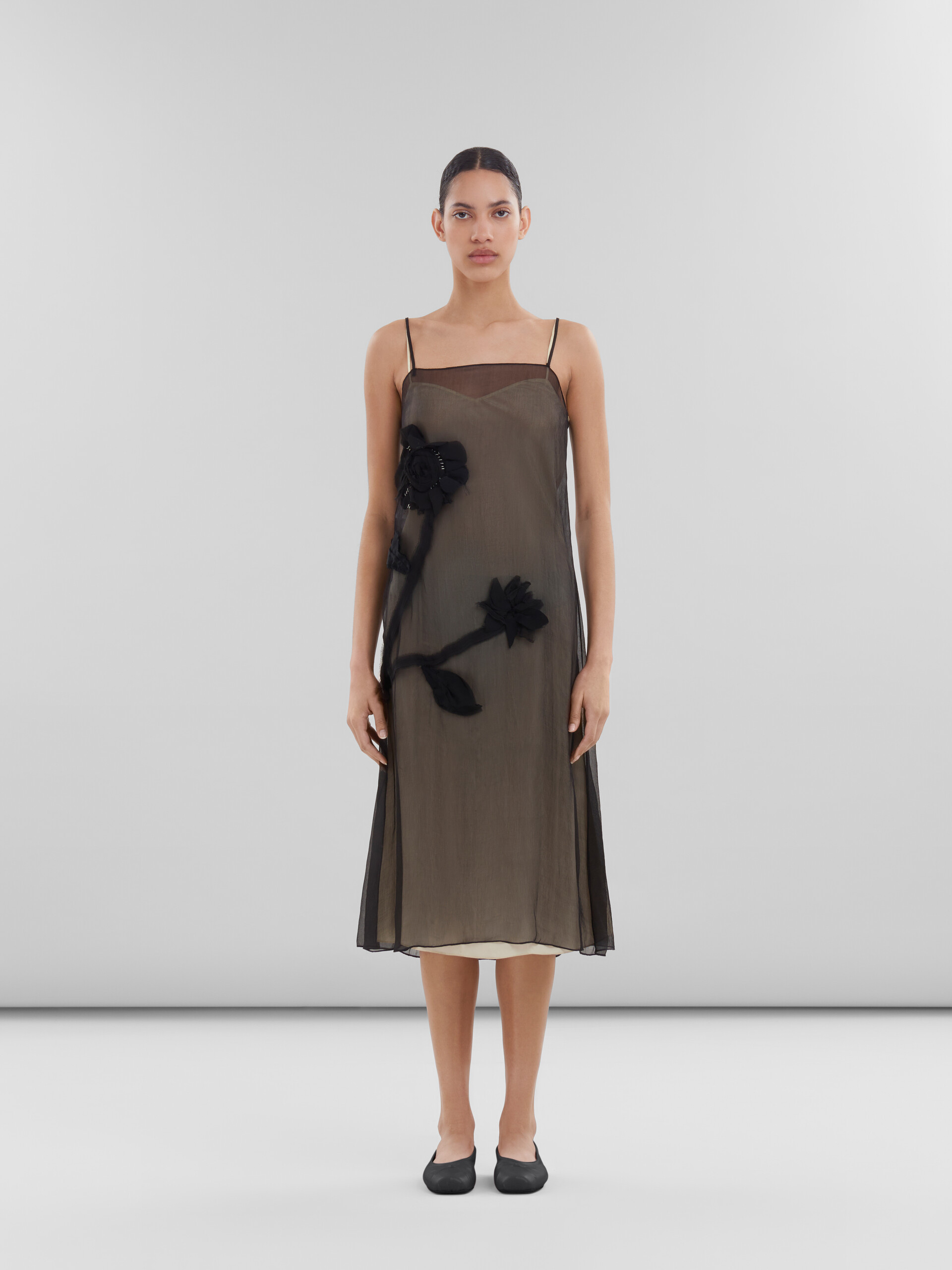 Black crepon slip dress with flower appliqués - Dresses - Image 2