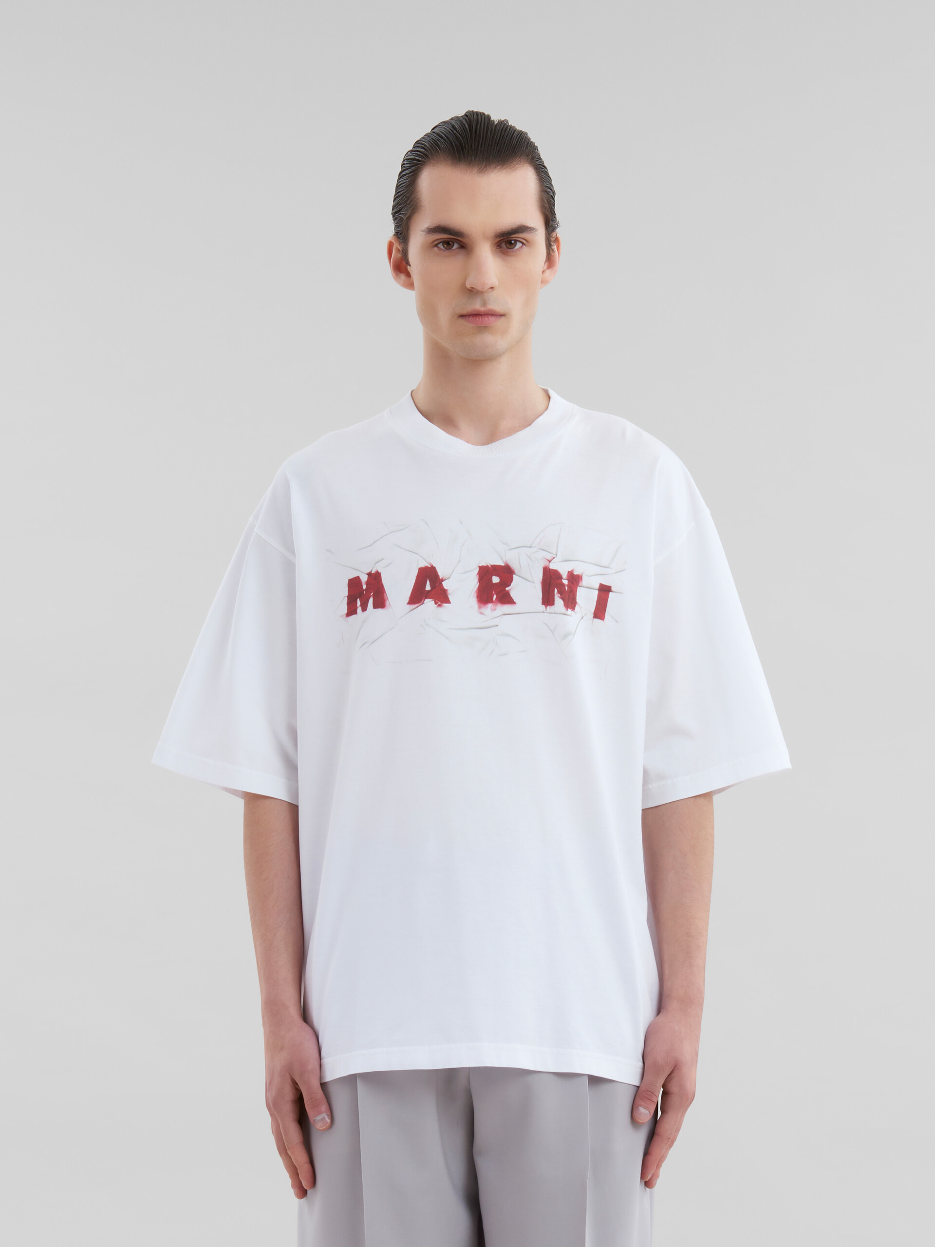 White organic cotton T-shirt with wrinkled Marni logo - T-shirts - Image 2