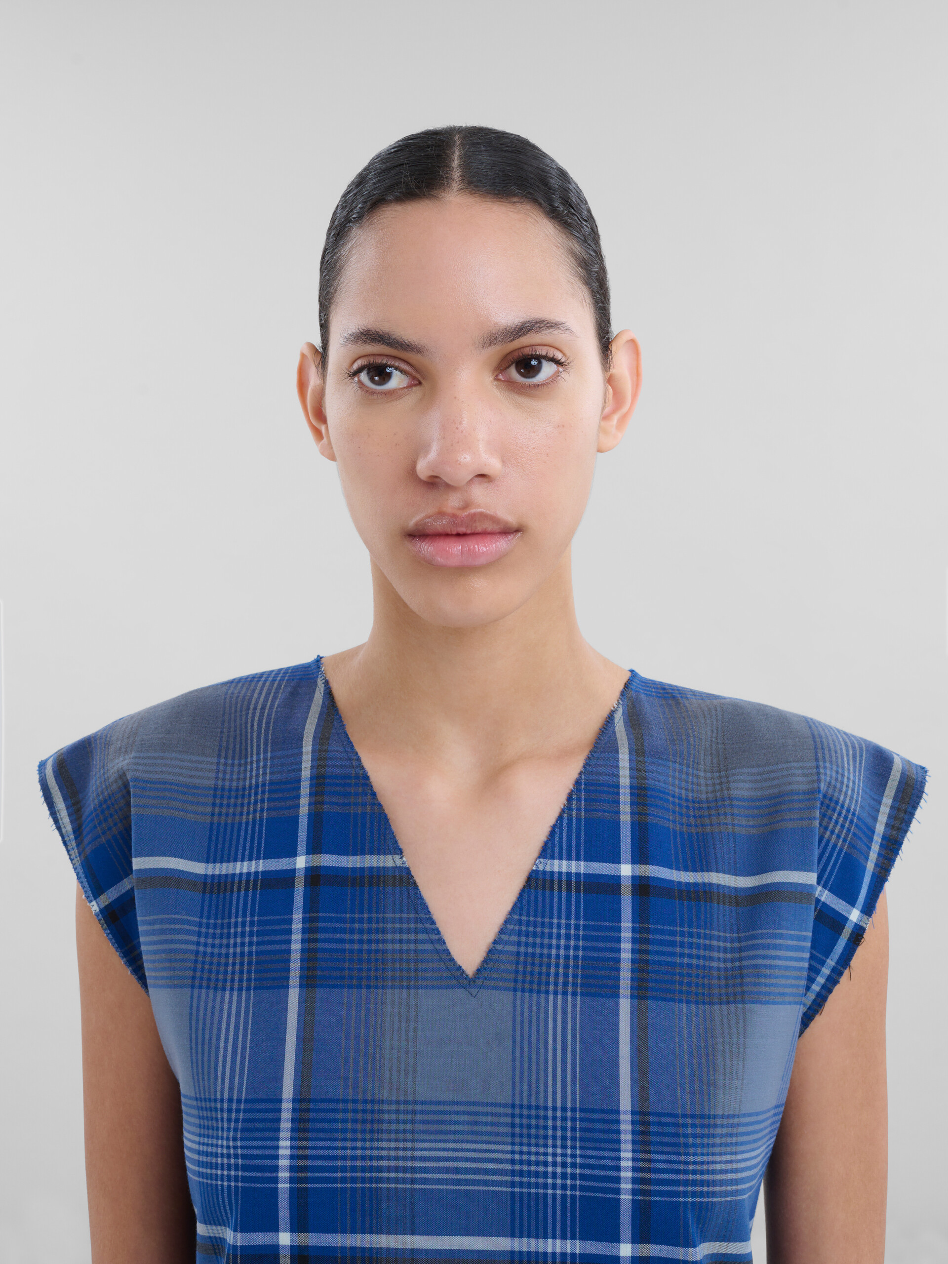 Blue checked wool blend dress with contrast pleats - Dresses - Image 4