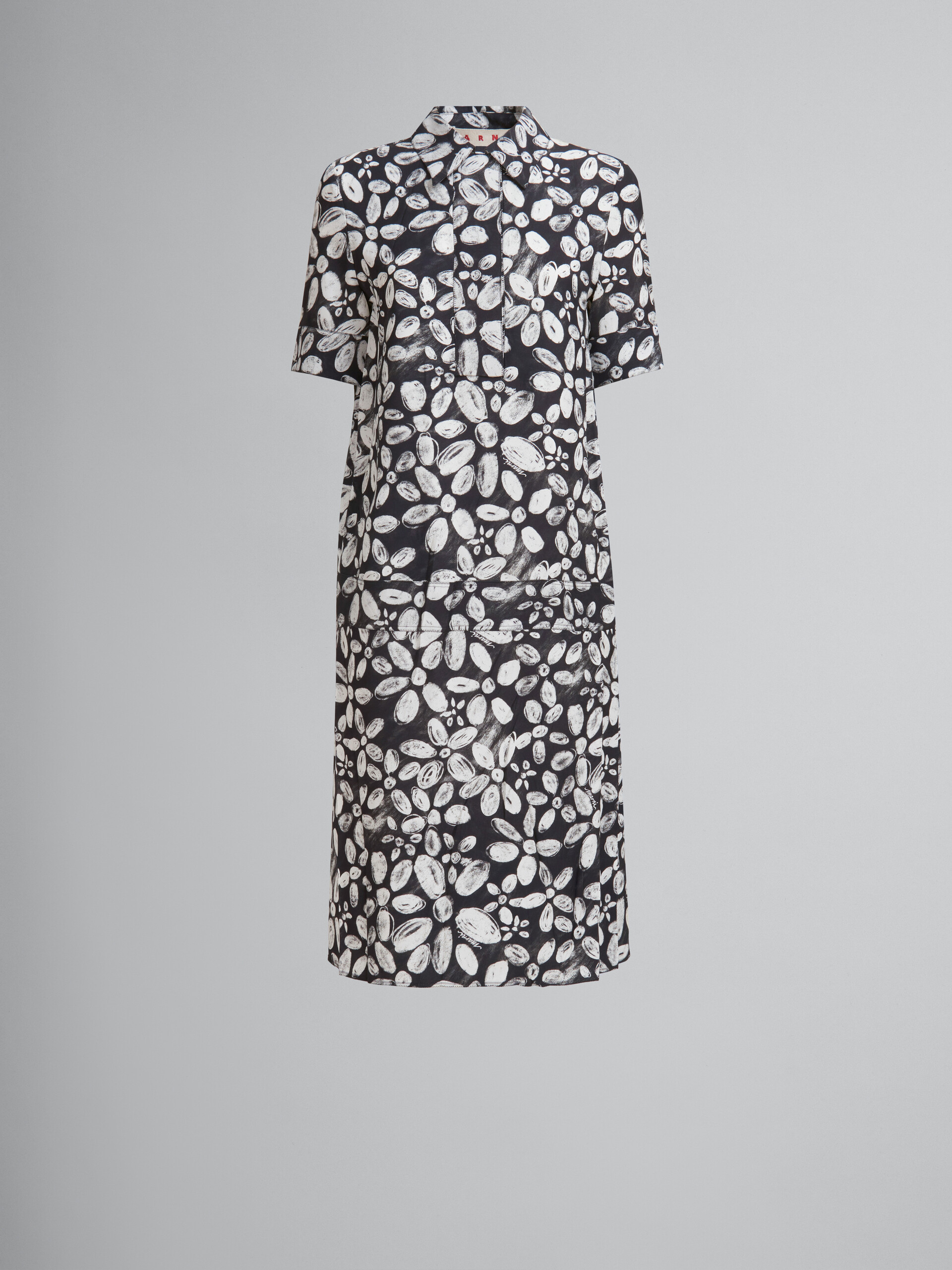 Black satin-back crêpe dress with Blooming print - Dresses - Image 1