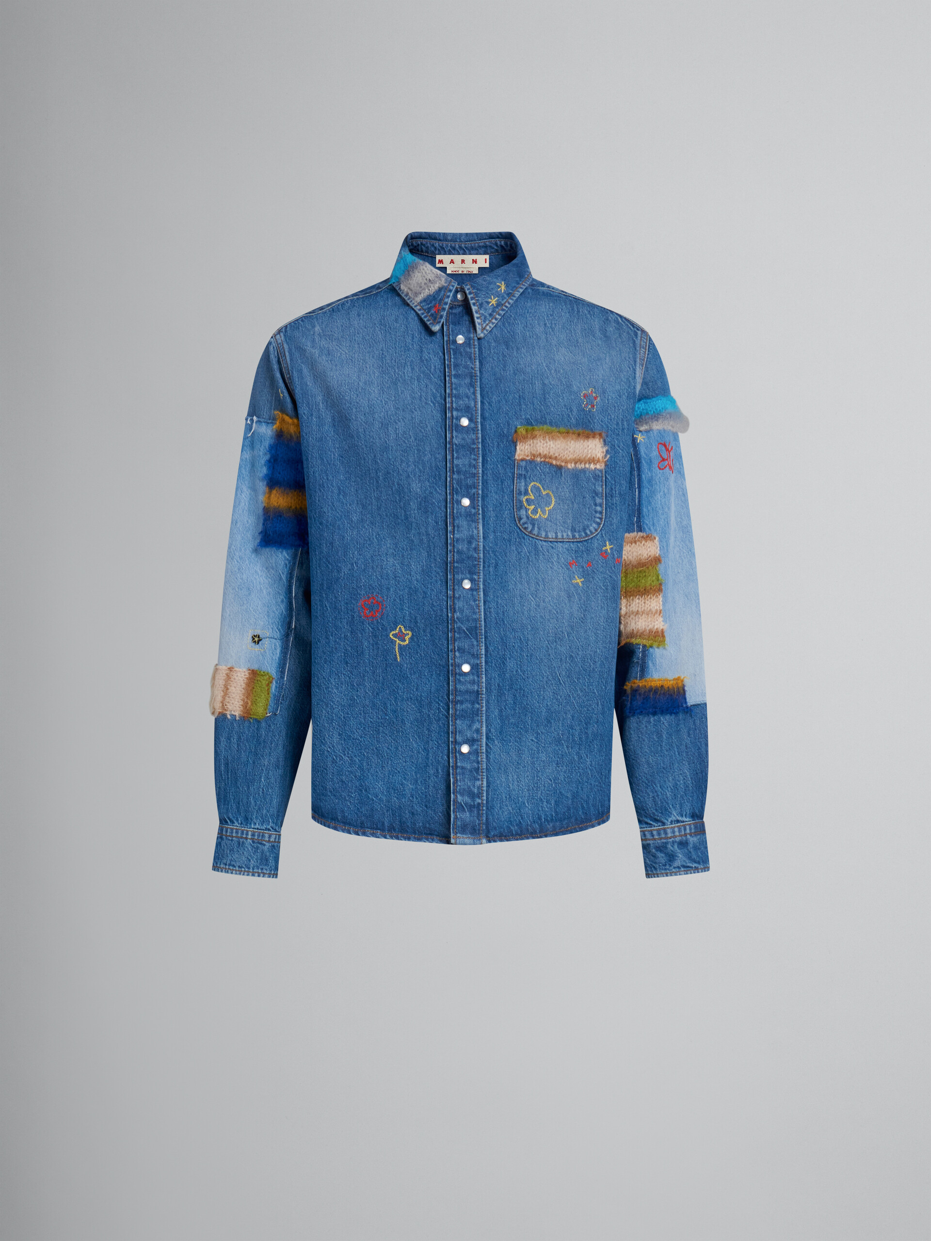 Blue organic denim shirt with mohair patches - Shirts - Image 1