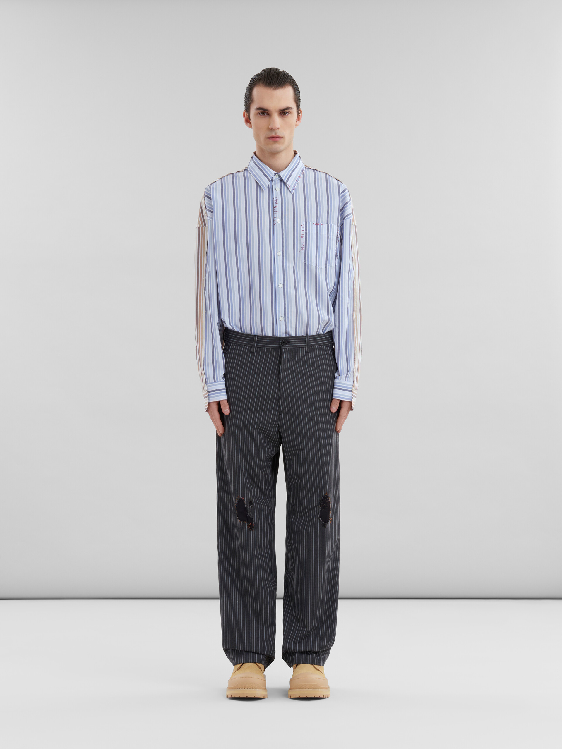 Black pinstripe wool trousers with Marni mending patches - Pants - Image 2