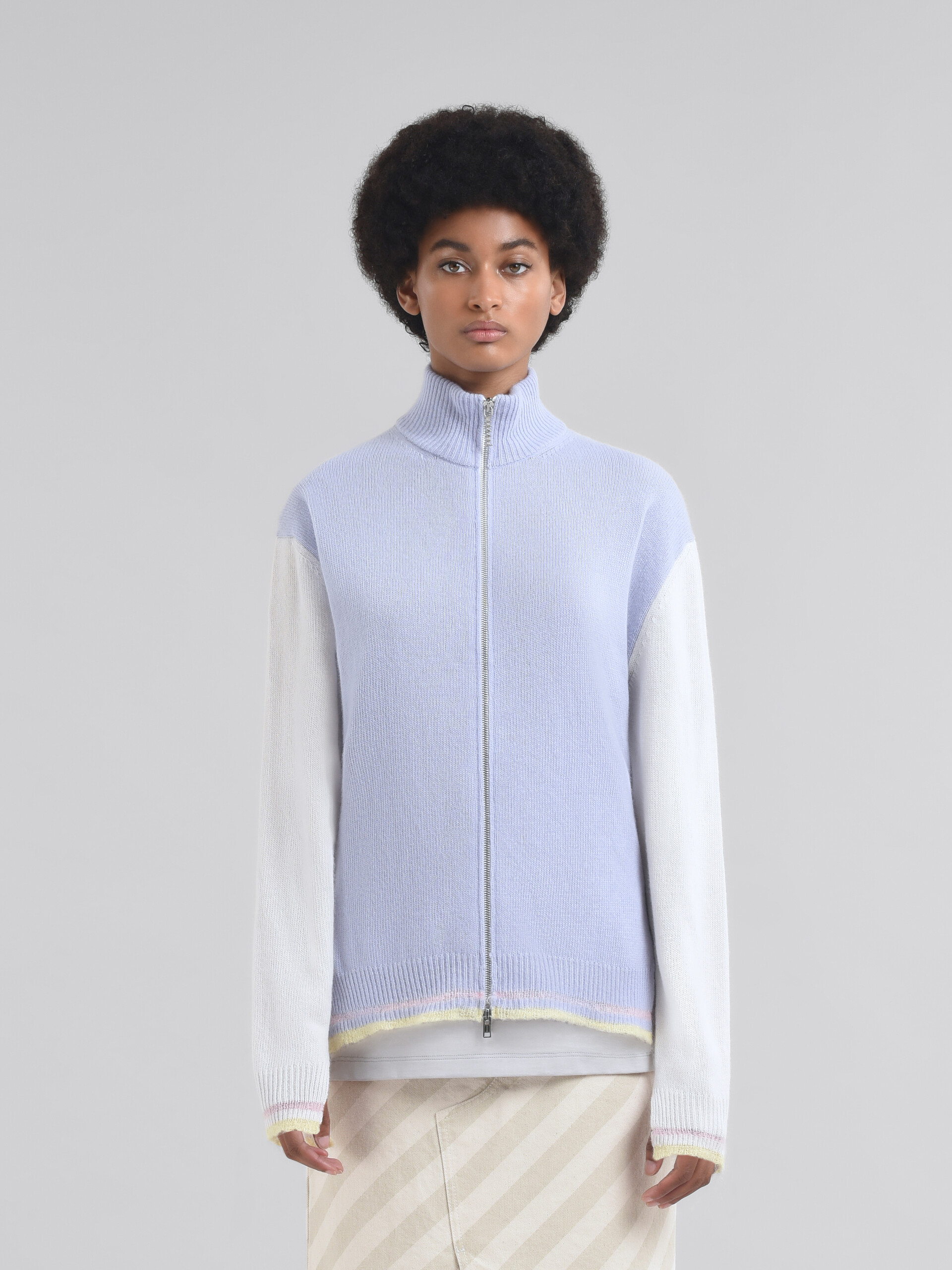 Light blue wool zip cardigan with jacquard snake - Pullovers - Image 2